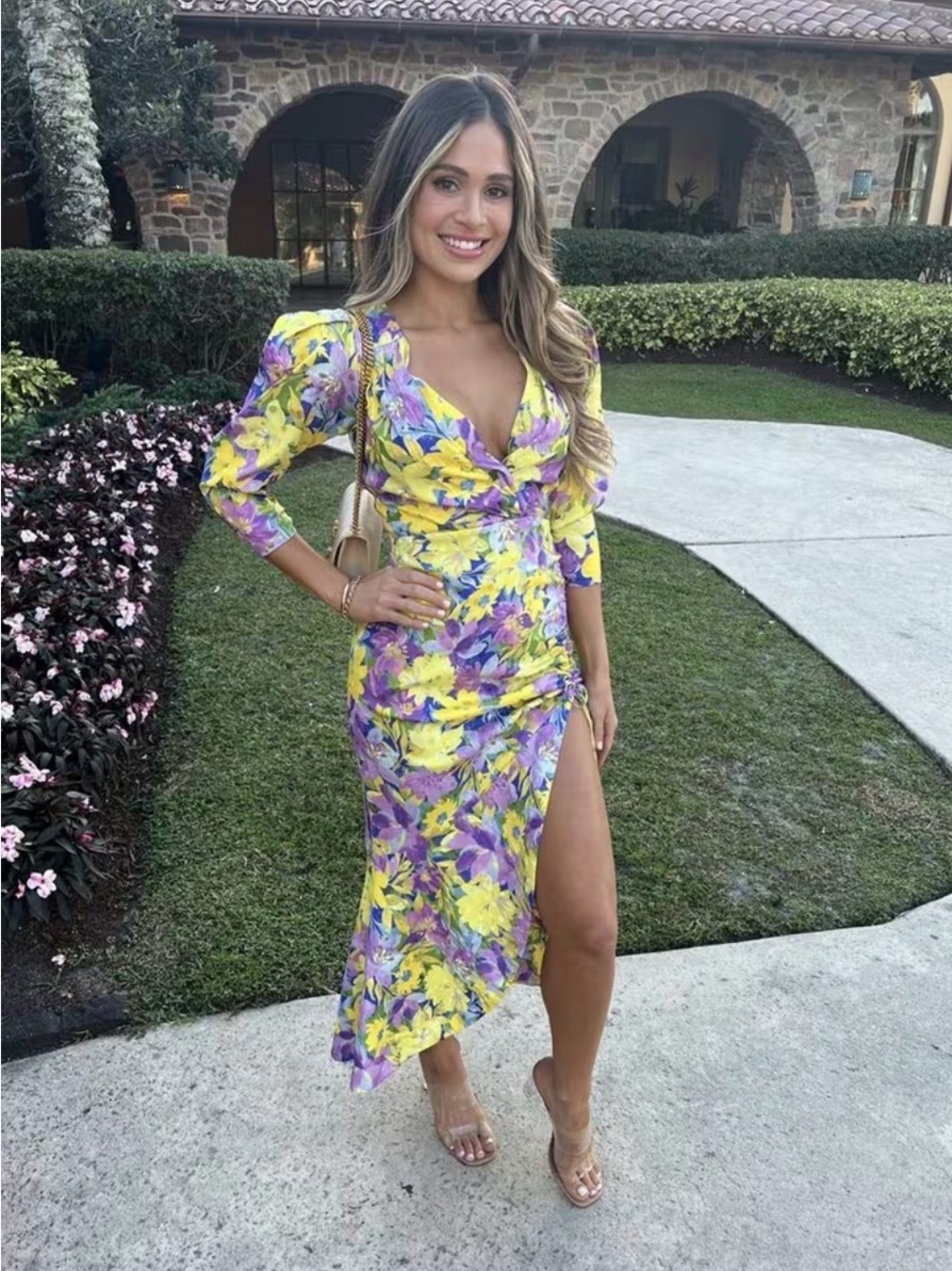For Love & Lemons Yellow Cassia midi dress Purple Floral High-Low Dress